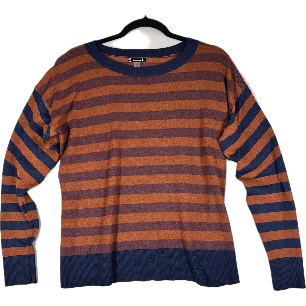 Smartwool Sweater Women Small Orange Blue Striped Merino Wool Blend Crew Neck